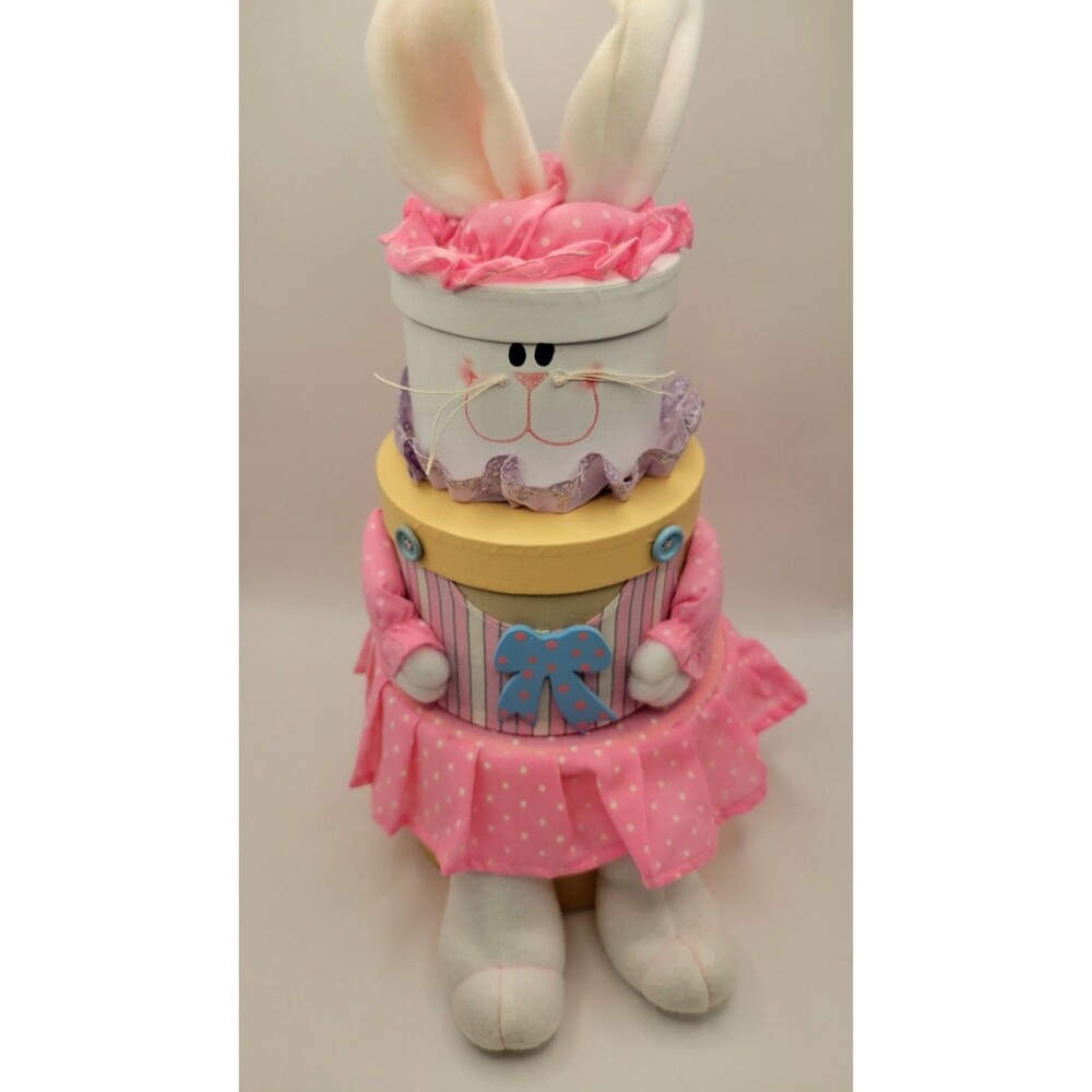 Easter Bunny Stacking Boxes 3-Tier Plush Decor Pink Gingham Centerpiece/ Gifts